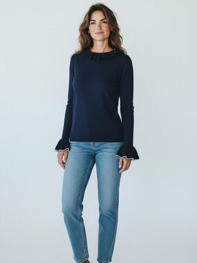 Boden Navy Ruffle Neck & Fluted Sleeve Sweater Size 4